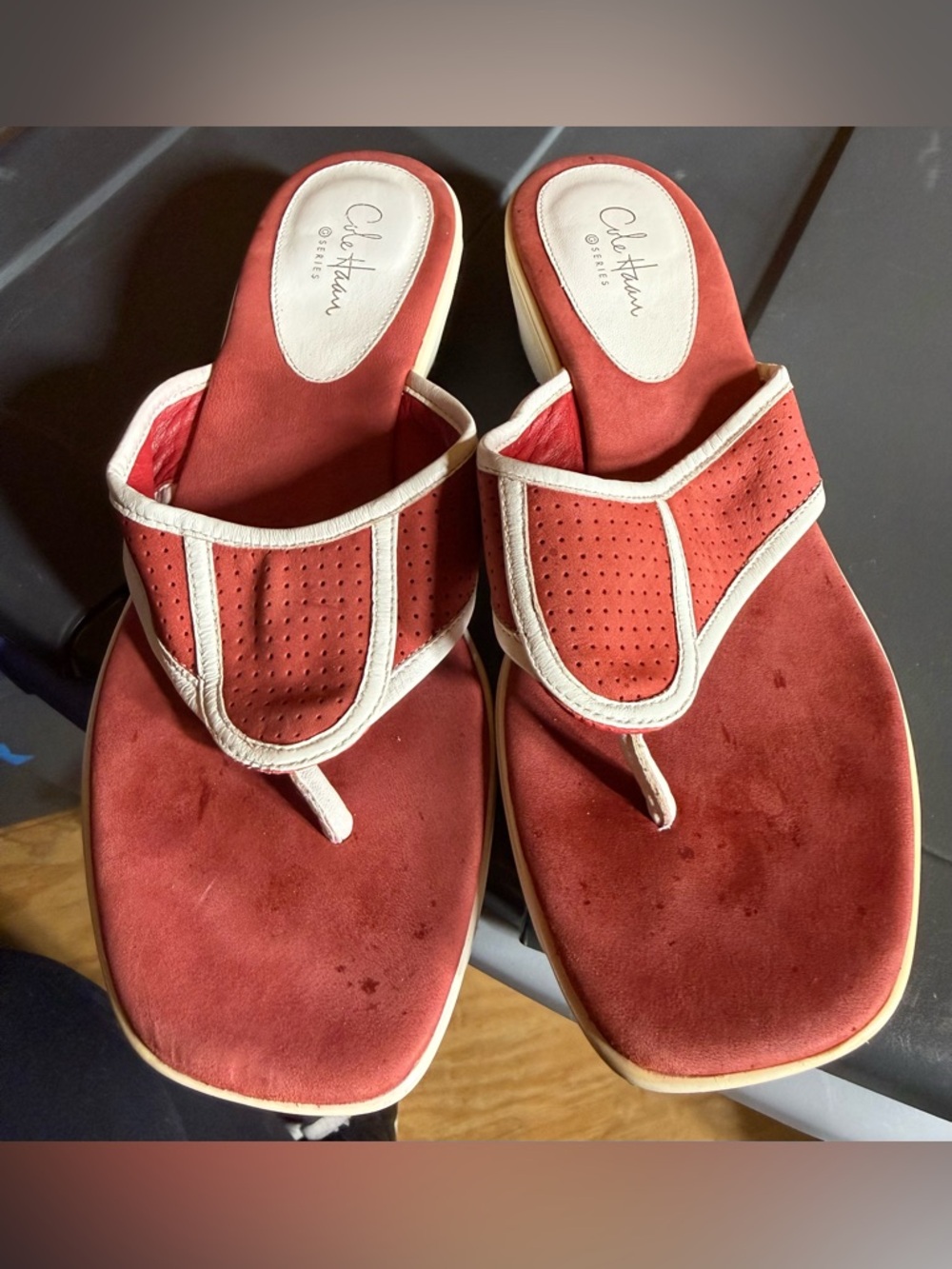 Cole Haan Red Suede Thong Sandals with Cream Trim